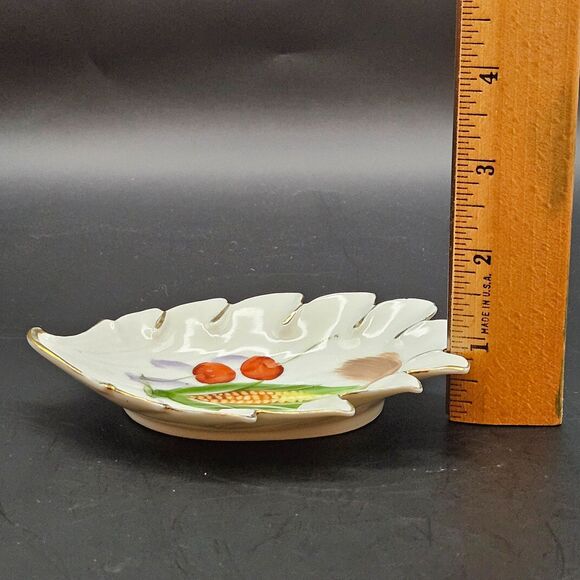 Japanese Porcelain Leaf Dish Plate Corn Cherries Gold Trim Vintage Hand Painted - Picture 8 of 9